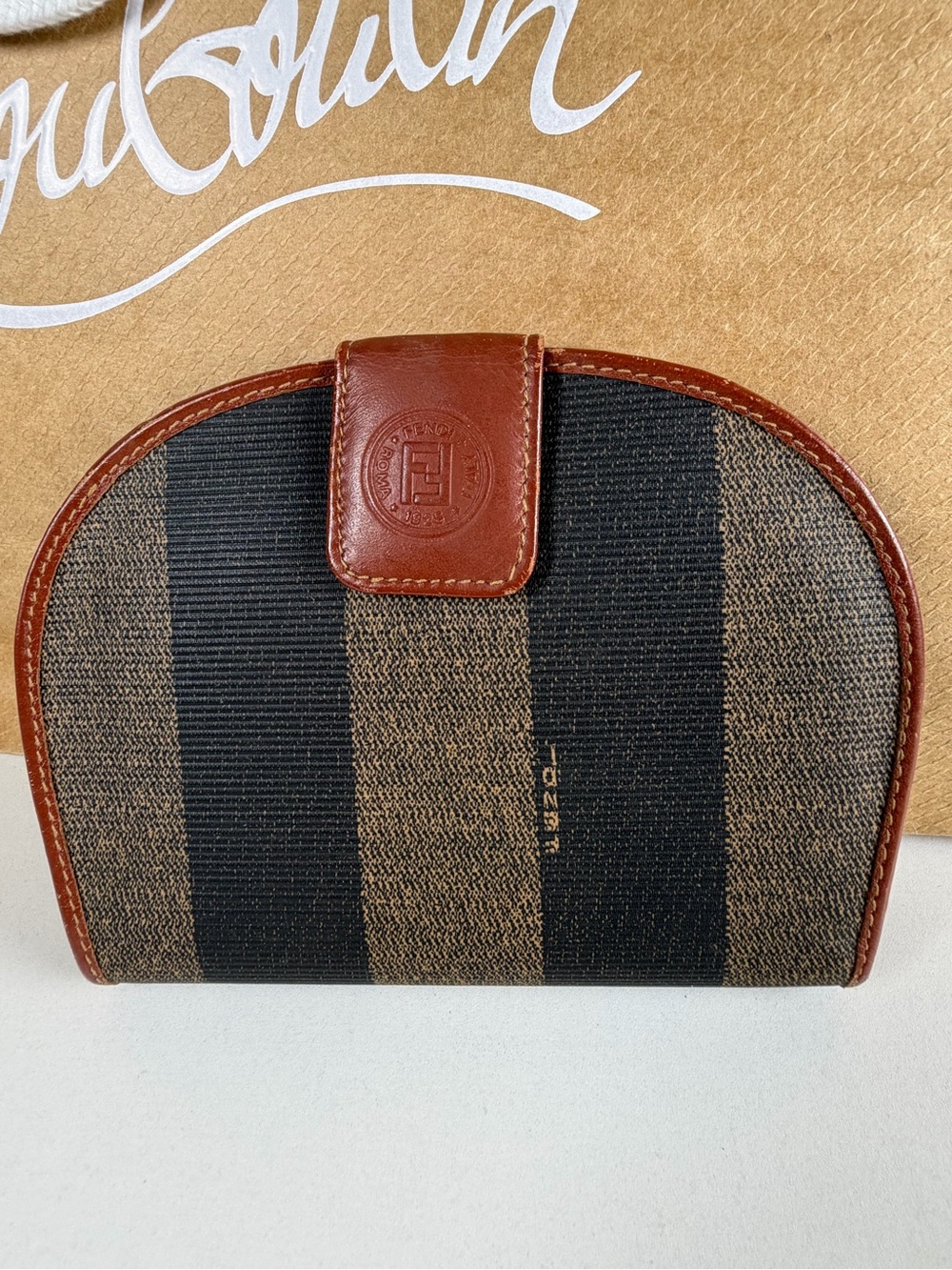 Fendi Brown and Black Striped Canvas Pouch with Leather Trim - Picture 1 of 7